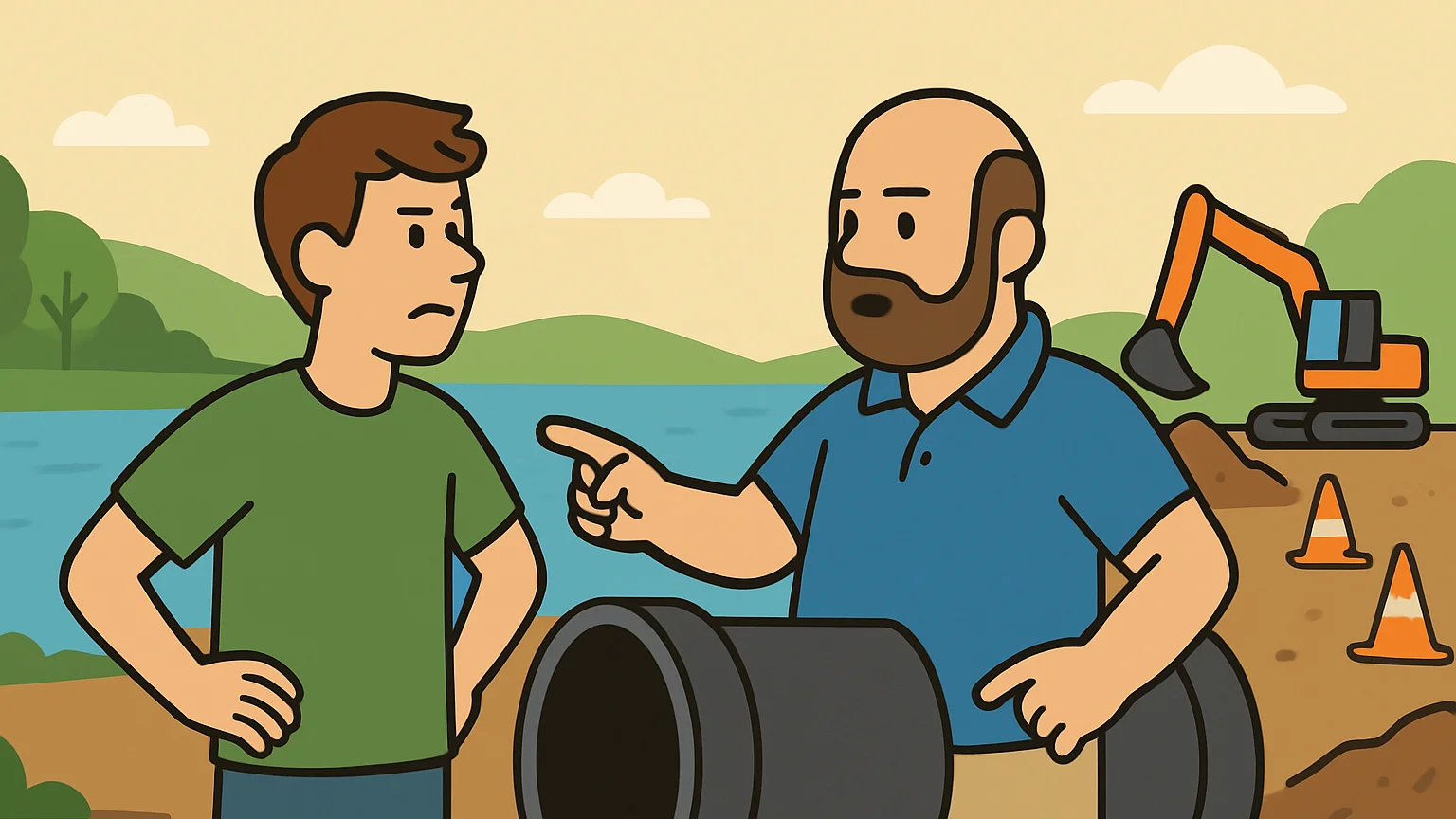 An environmental activist and a water authority representative debate over a large pipeline at a construction site.