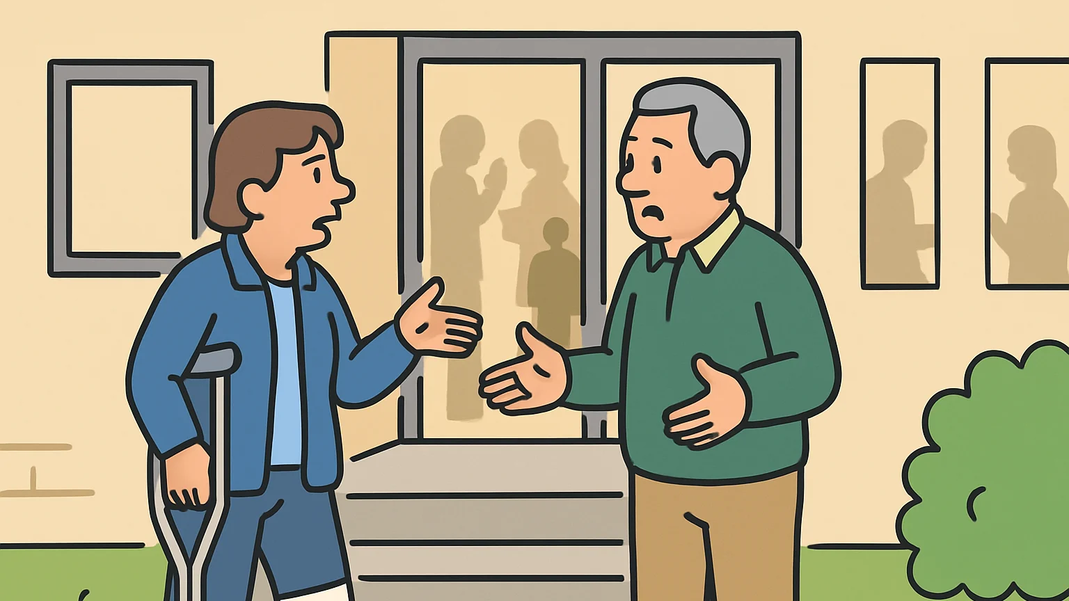 A woman and a man discuss at the bottom of a small set of stairs outside a community center.