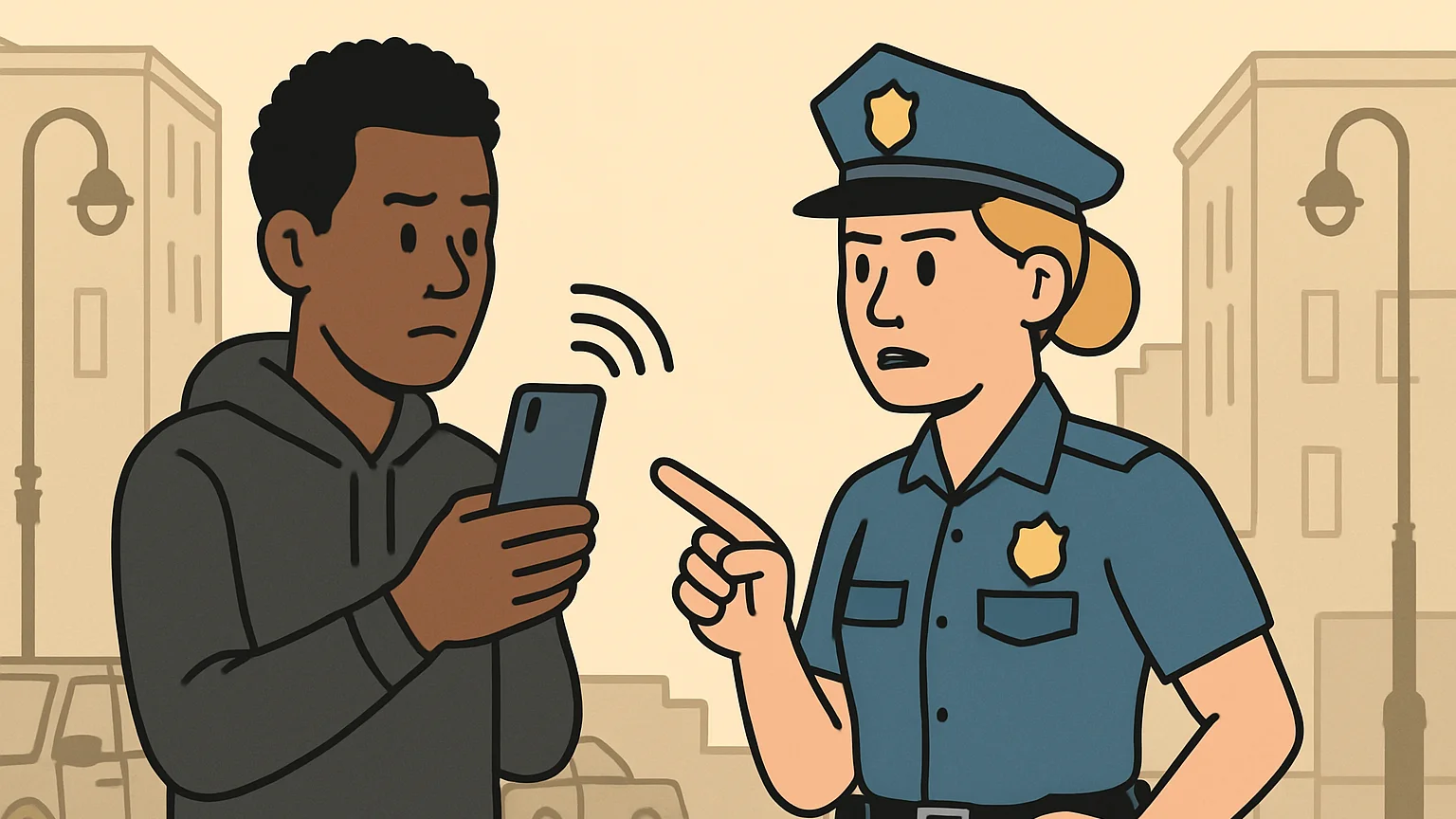 A young man on a street corner holds a cell phone while a police officer gestures to it.