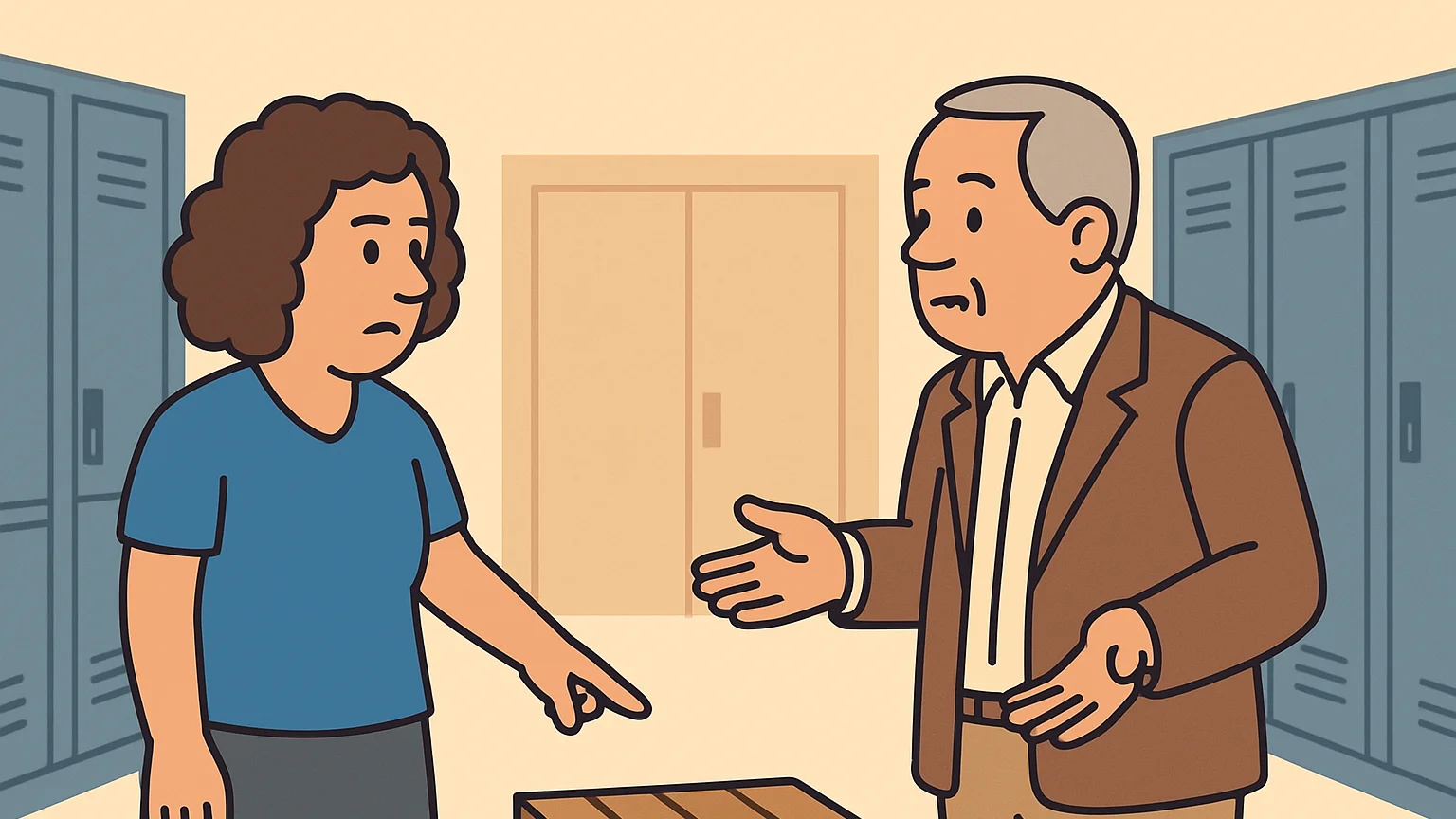 A woman pointing at a pallet in a school hallway, with a school representative gesturing in explanation.