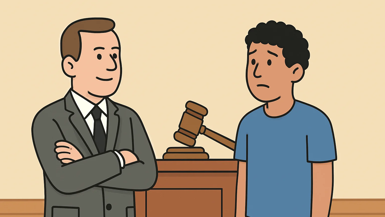 A courtroom scene with a prosecution and a young defendant beside a gavel.