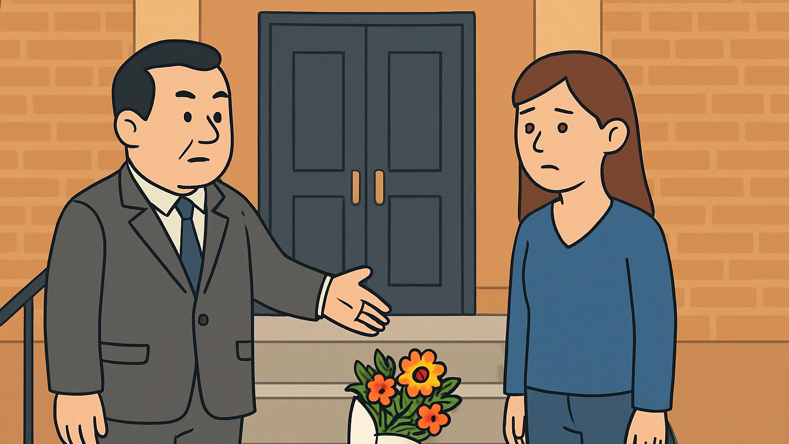 A landlord in a suit and a family member in a blouse stand by a flower memorial on apartment steps.