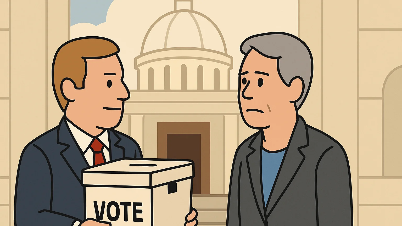The President and a state official stand at a state capitol, discussing a voting ballot box.