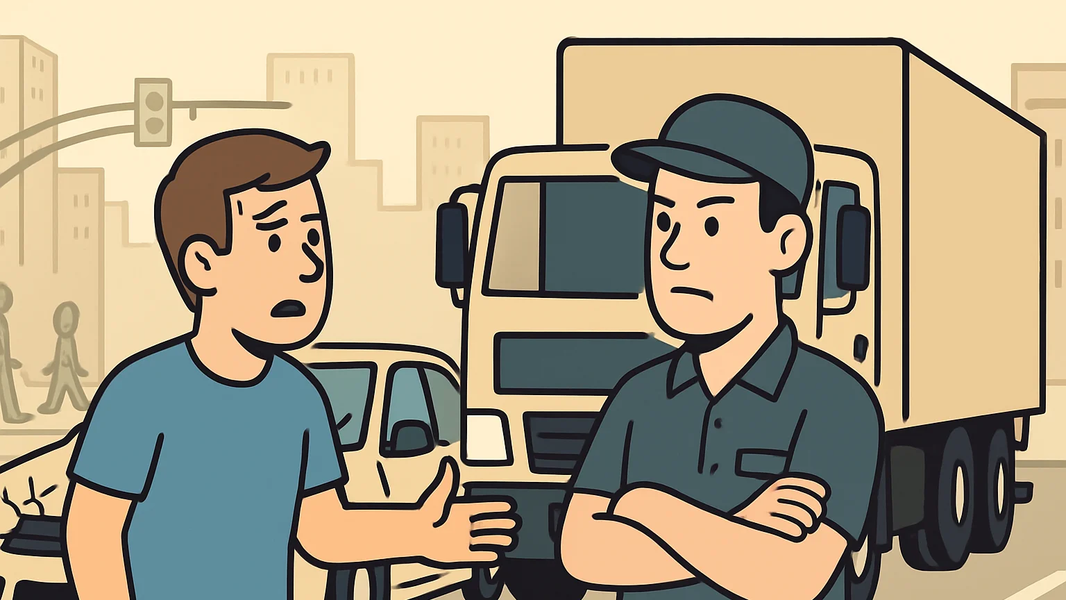 An injured driver discusses an accident with a truck driver at a city intersection.