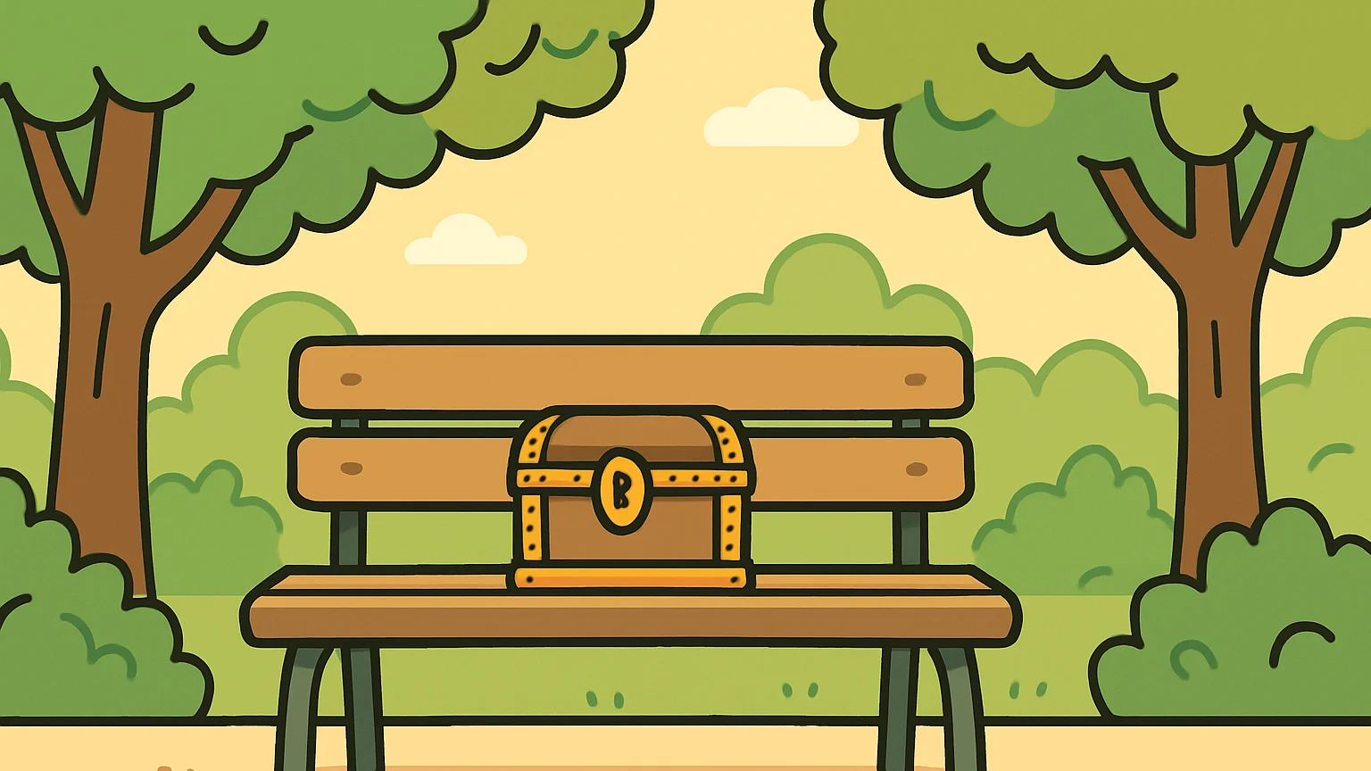 Illustration: a small, ornate box representing the trust in a quiet park bench beneath trees with sunlight filtering through leaves