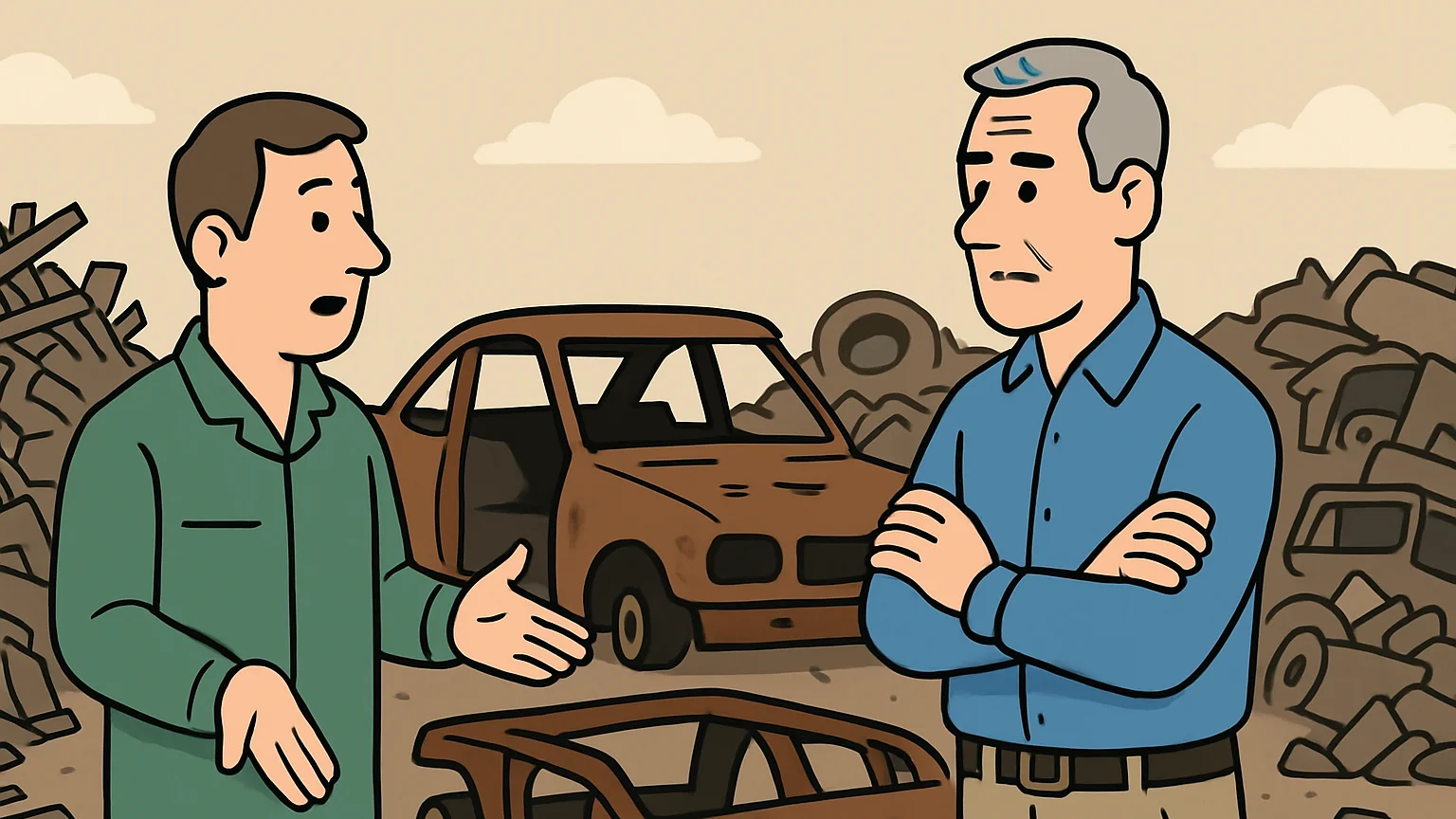A junkyard worker and a landlord representative discuss safety issues over a rusted car chassis.