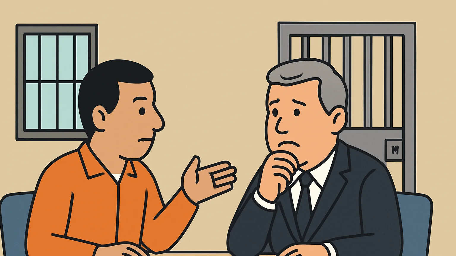 In a prison visitation room, a prisoner gestures towards a cell door, pleading his case, while an attorney listens.