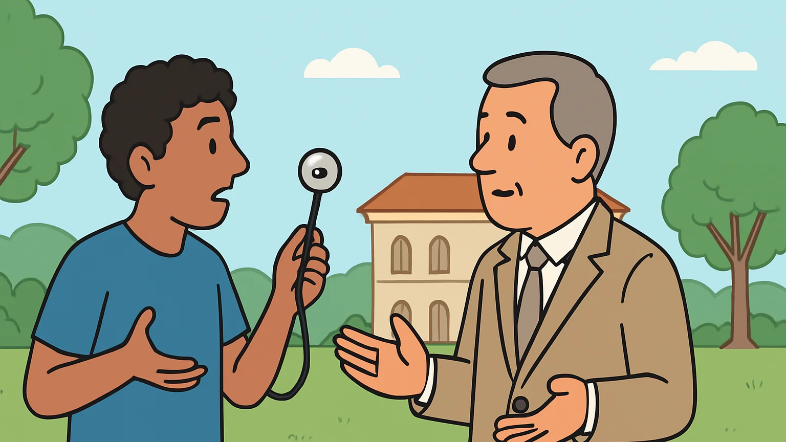 A student questions a university rep on a campus lawn, holding a stethoscope.