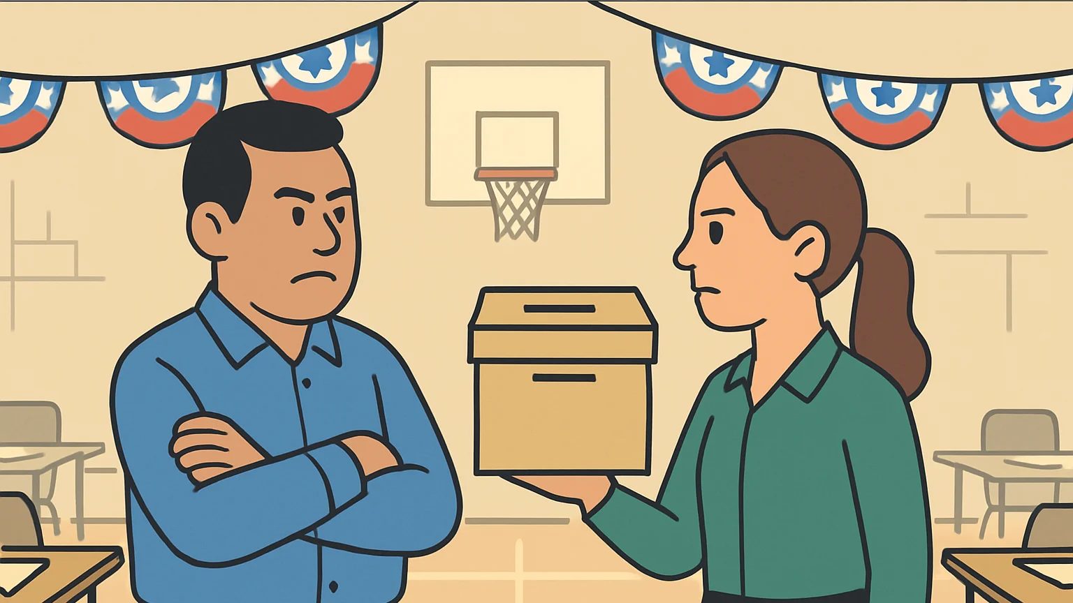 A former candidate and a union rep face off over election fairness near a ballot box.