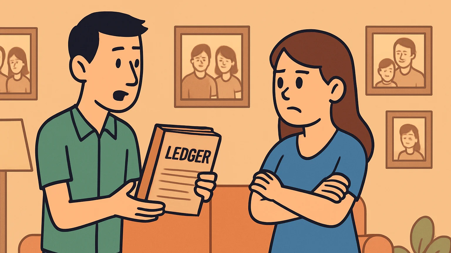 A brother holding a ledger faces his sister in a family photo-filled living room.