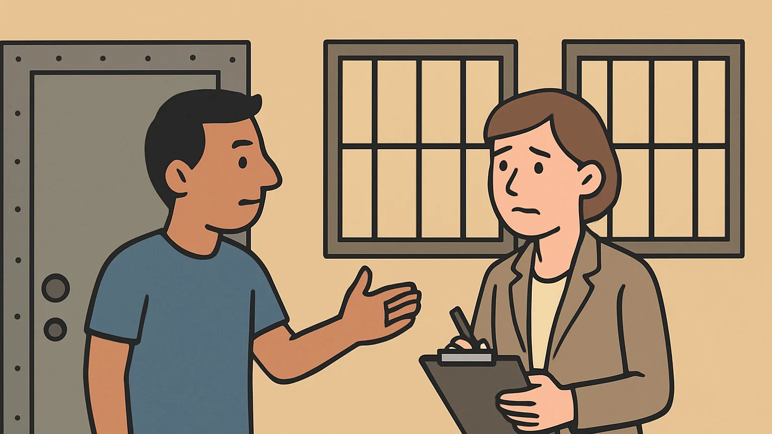 An immigrant and a government official discuss detention and bond hearings near a metal door.