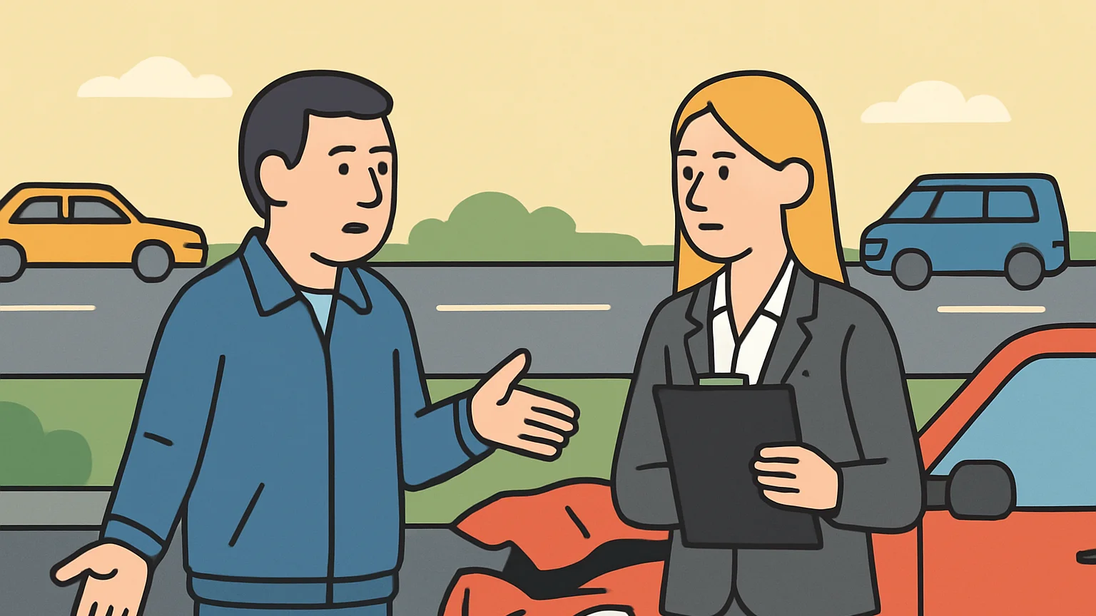 A motorist questions an insurance representative about compensation at an accident scene.