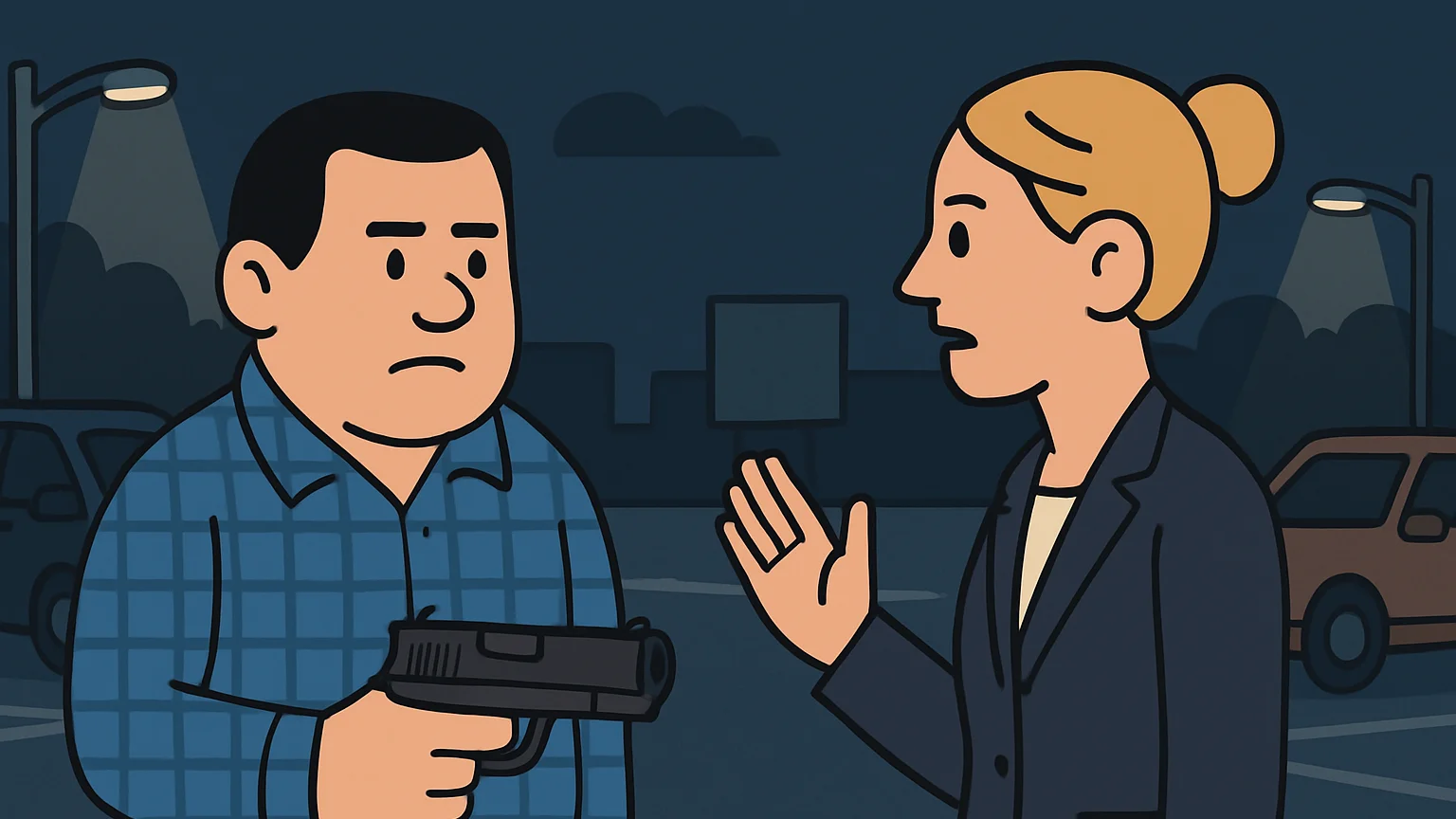 A defendant holding a handgun faces a prosecutor in a parking lot, discussing charges.