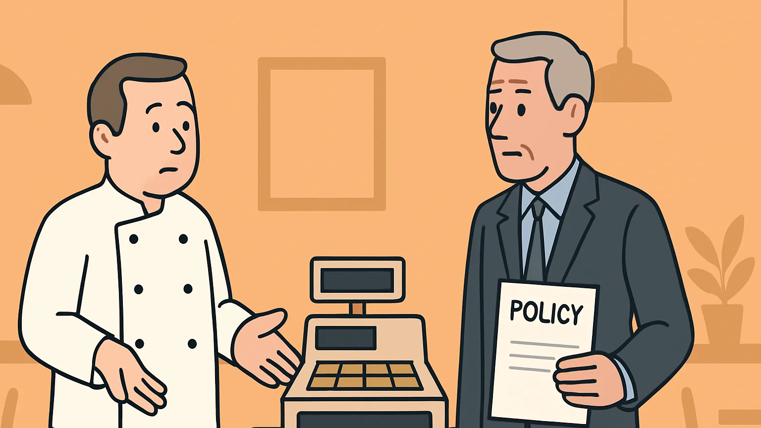 A restaurant owner and an insurance representative discuss coverage for pandemic losses.