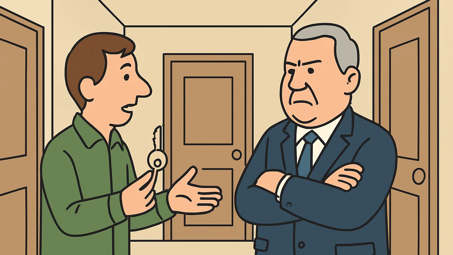 A tenant holding an apartment key argues with a property owner in a building hallway.
