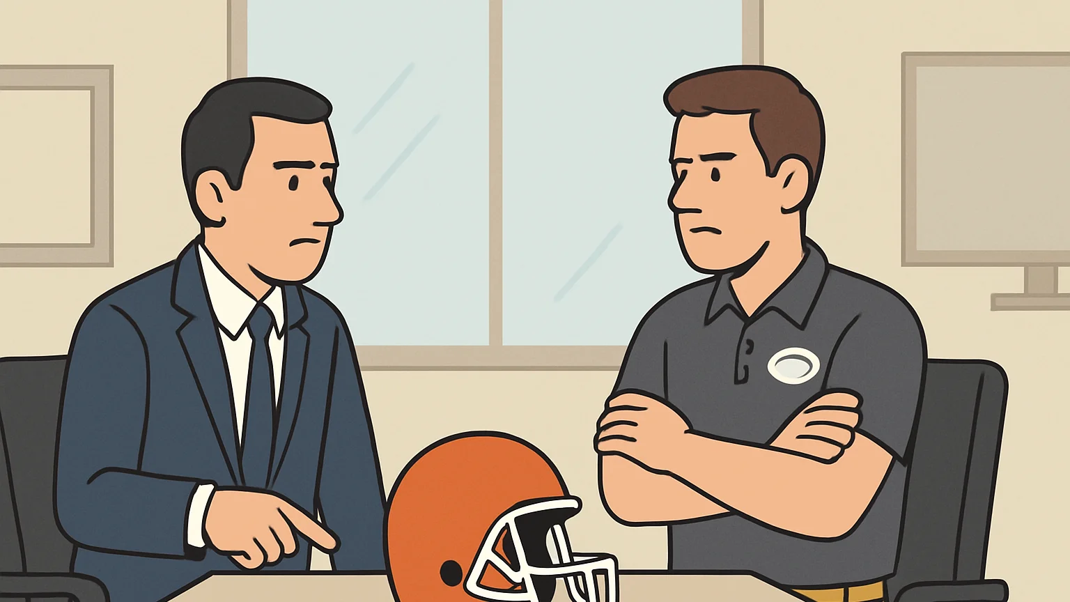 An insurance executive and a football league rep negotiate over a football helmet.