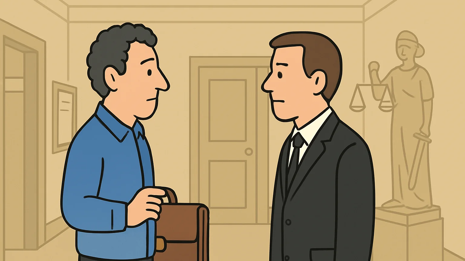 A reflective attorney holds a briefcase in a courthouse hallway, facing a court representative.
