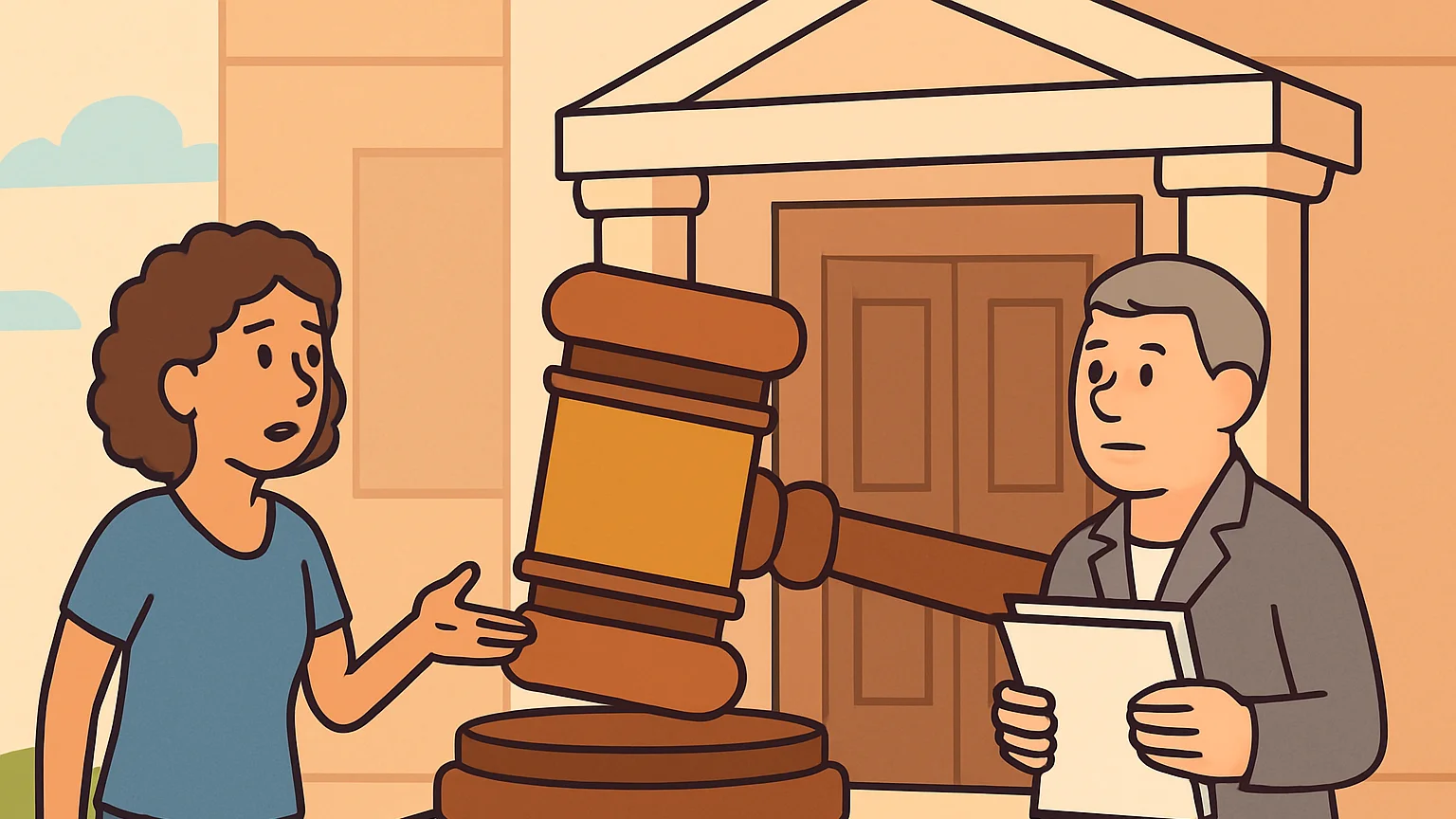 A woman is at a courthouse entrance gesturing toward a large gavel, facing a court clerk.
