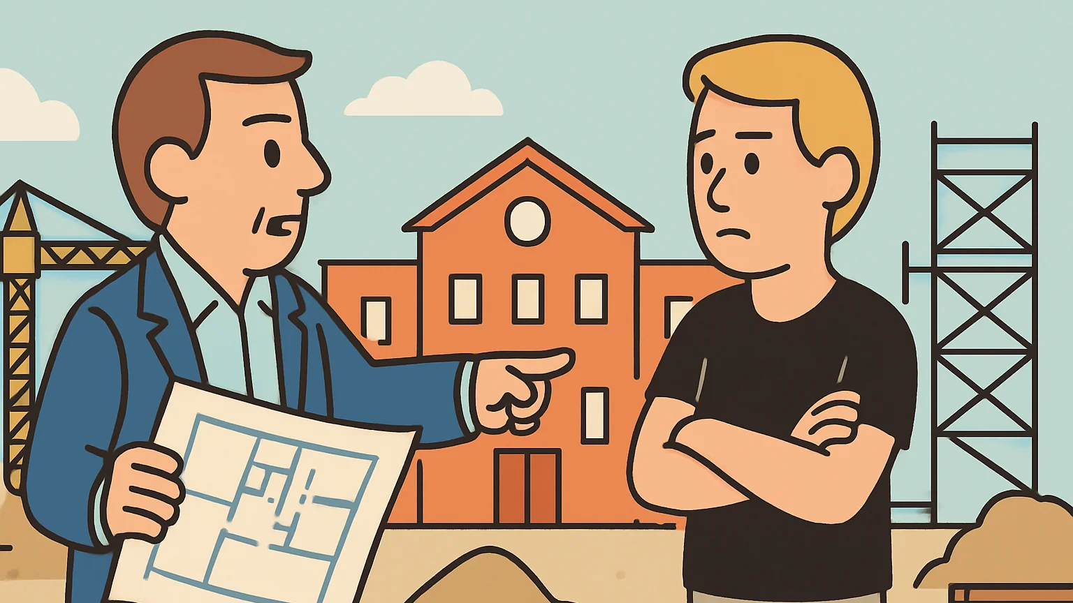 A tense moment between a school board member holding blueprints and an architect at a school construction site.