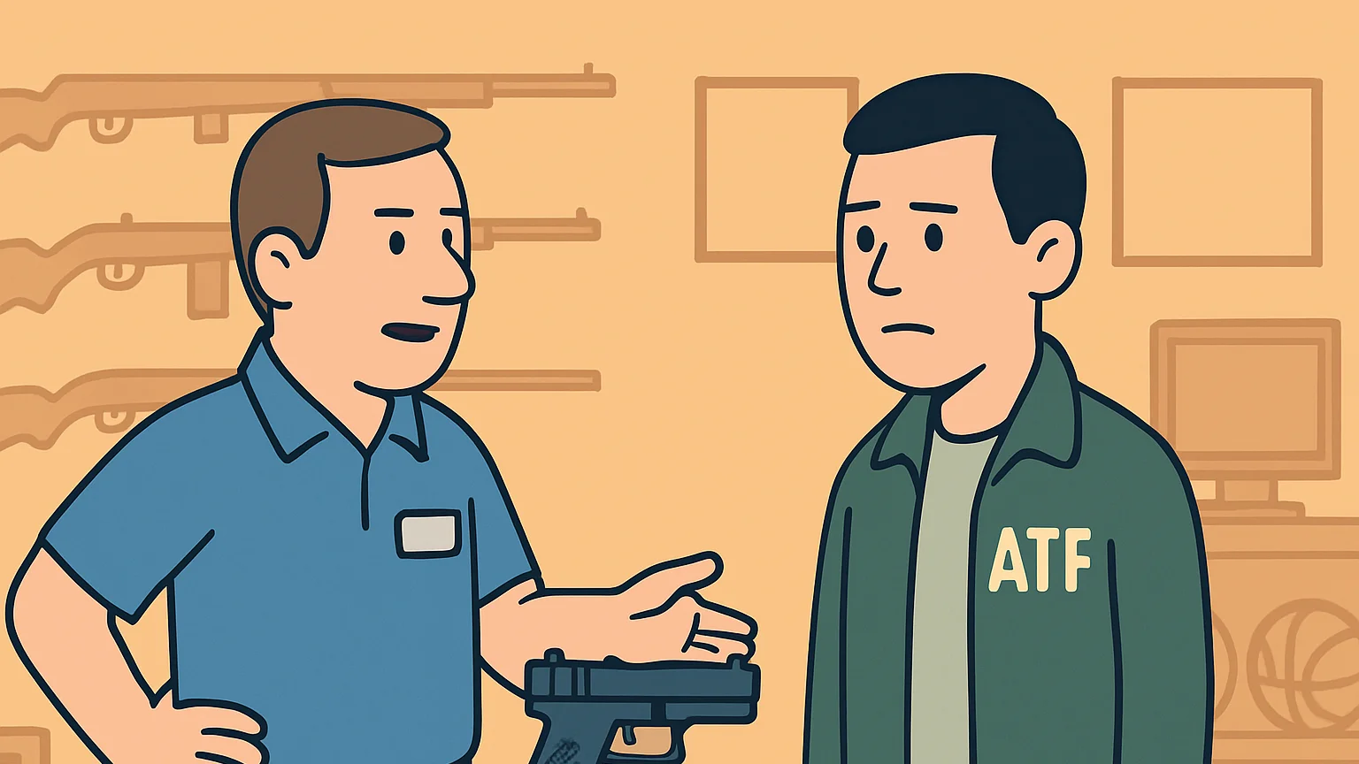 A firearm retailer and ATF agent discuss a handgun sale dispute in a store.