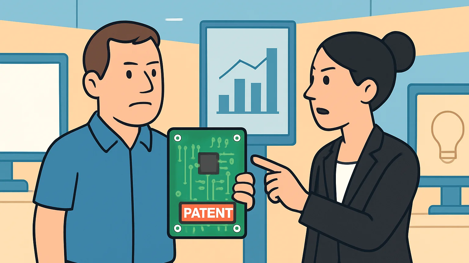 An inventor and a corporate lawyer are arguing over a circuit board at a conference.