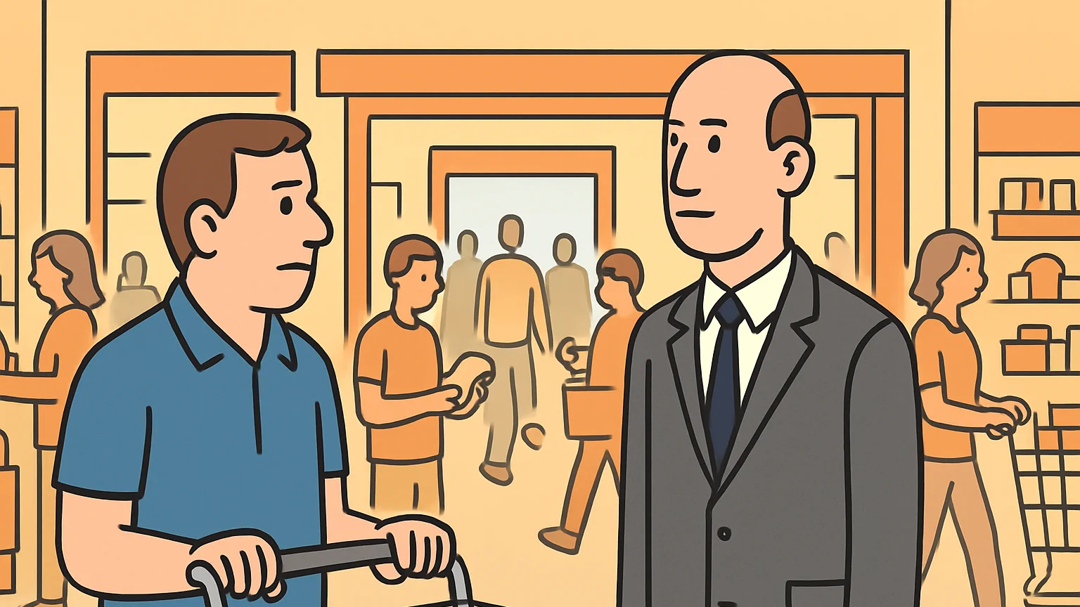 A customer with a shopping cart faces a corporate representative in a retail store.
