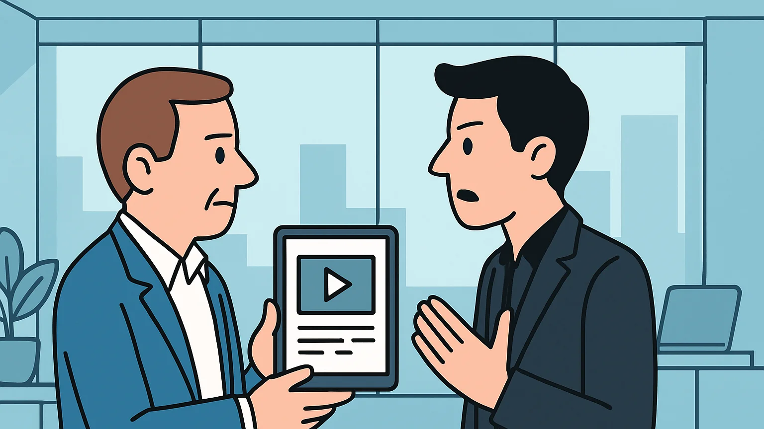 A media company representative and a tech company representative argue over a tablet.