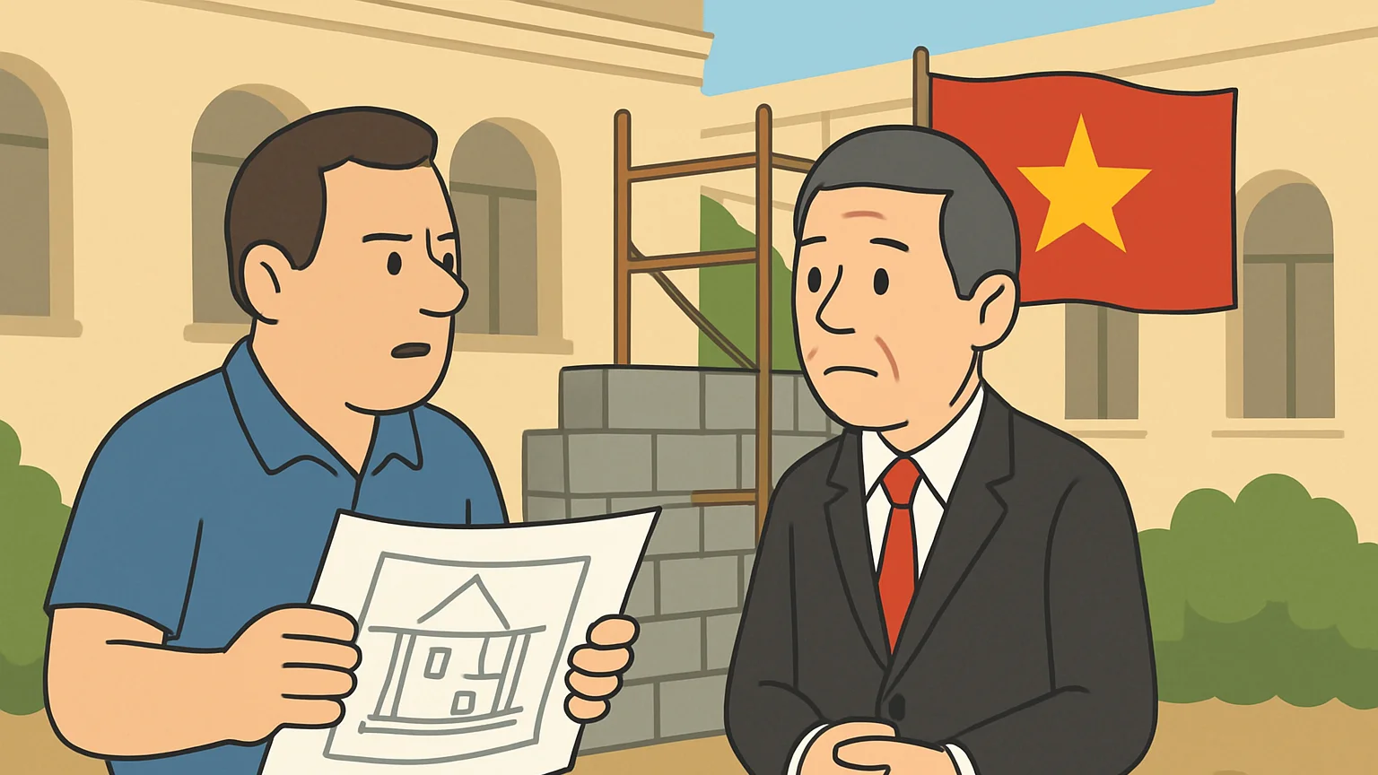 A construction company representative holds a blueprint in an embassy courtyard, discussing halted renovations with a Vietnamese official.