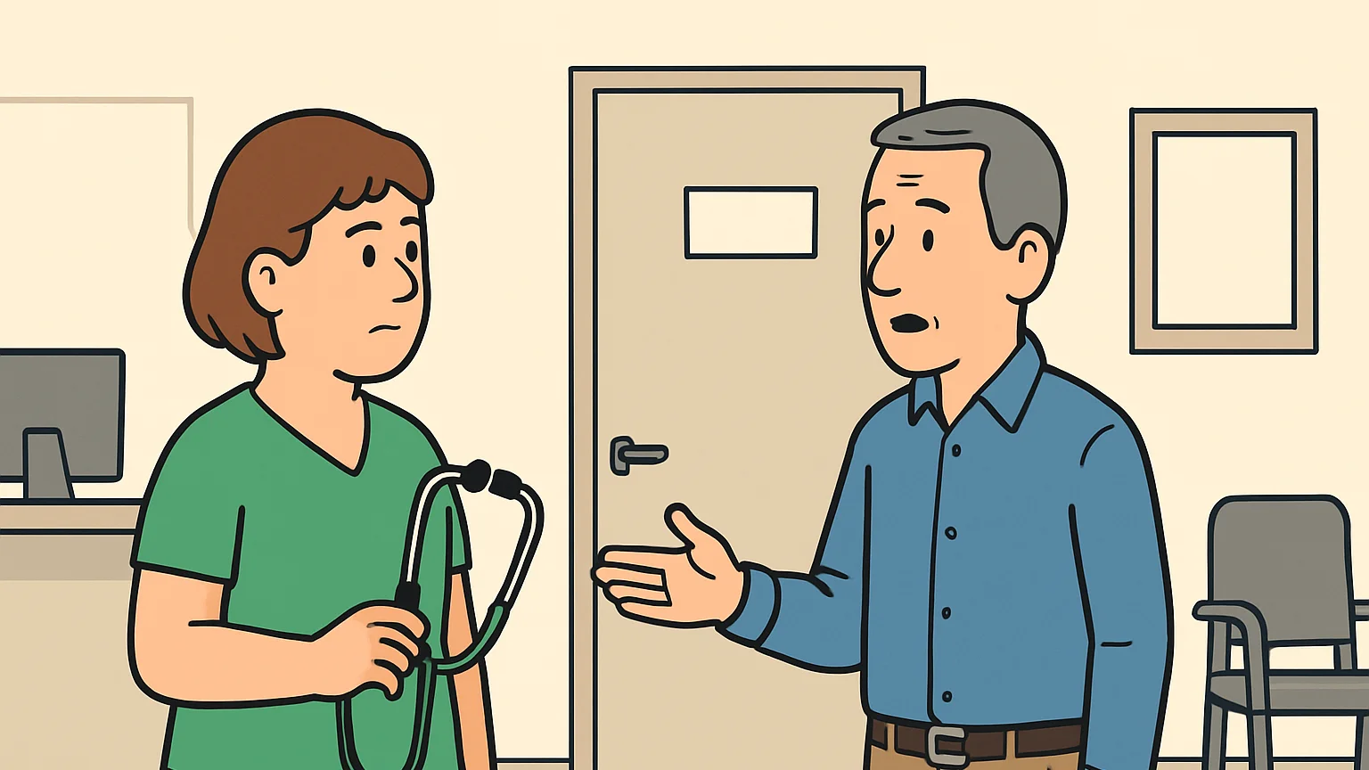 In a clinic, an ex-wife holds a stethoscope, facing her ex-husband gesturing towards the door.