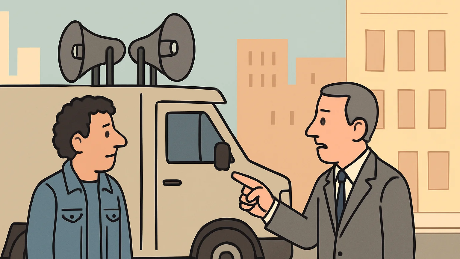 A political activist beside a sound truck is confronted by a city official on a street.