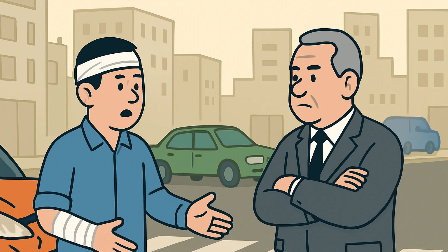 A man points to a damaged car with a crumpled fender on a busy street corner, facing a skeptical company representative.
