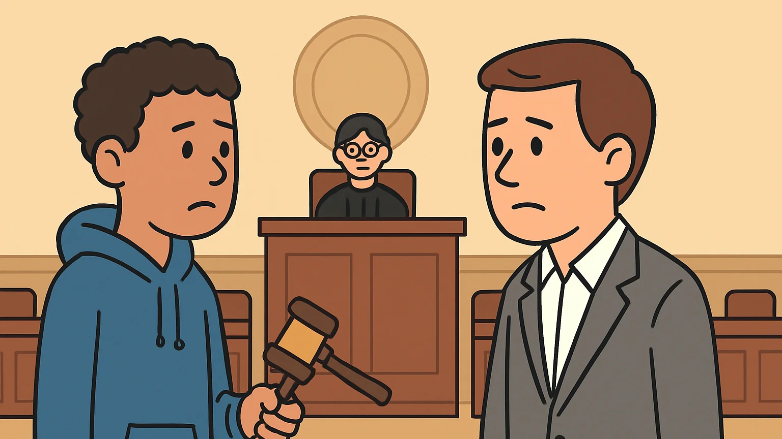 A young defendant and a prosecutor in a courtroom discussing fees related to a conviction.