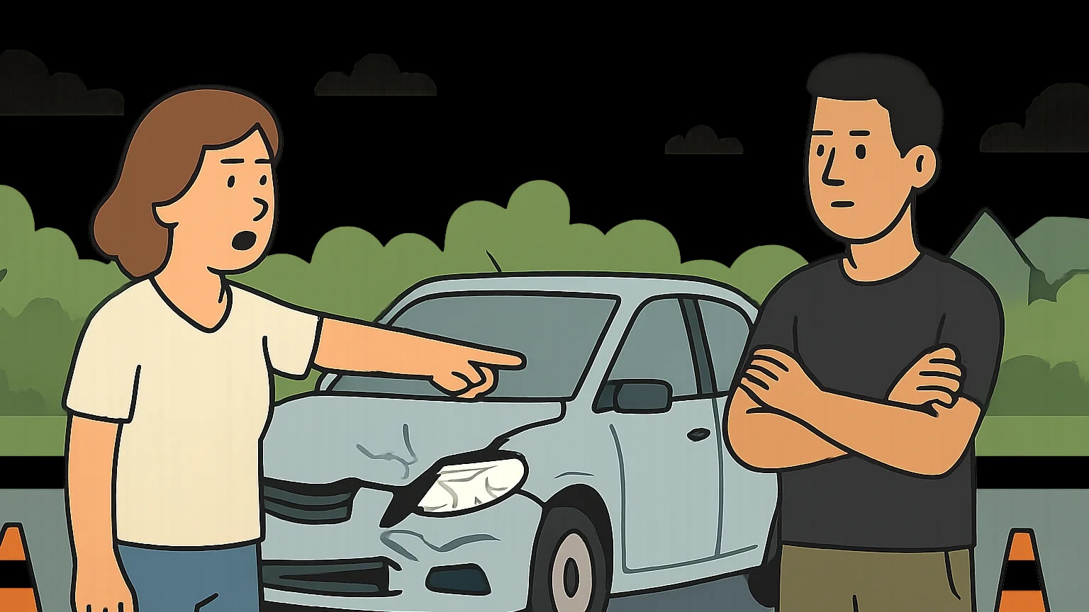 A passenger and a driver stand by a damaged car after an accident, discussing claims.