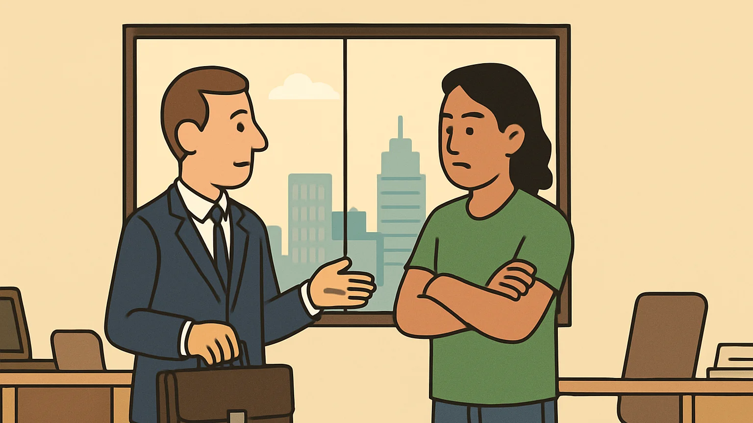 A loan company representative with a briefcase faces a business associate in an office, discussing a contract issue.