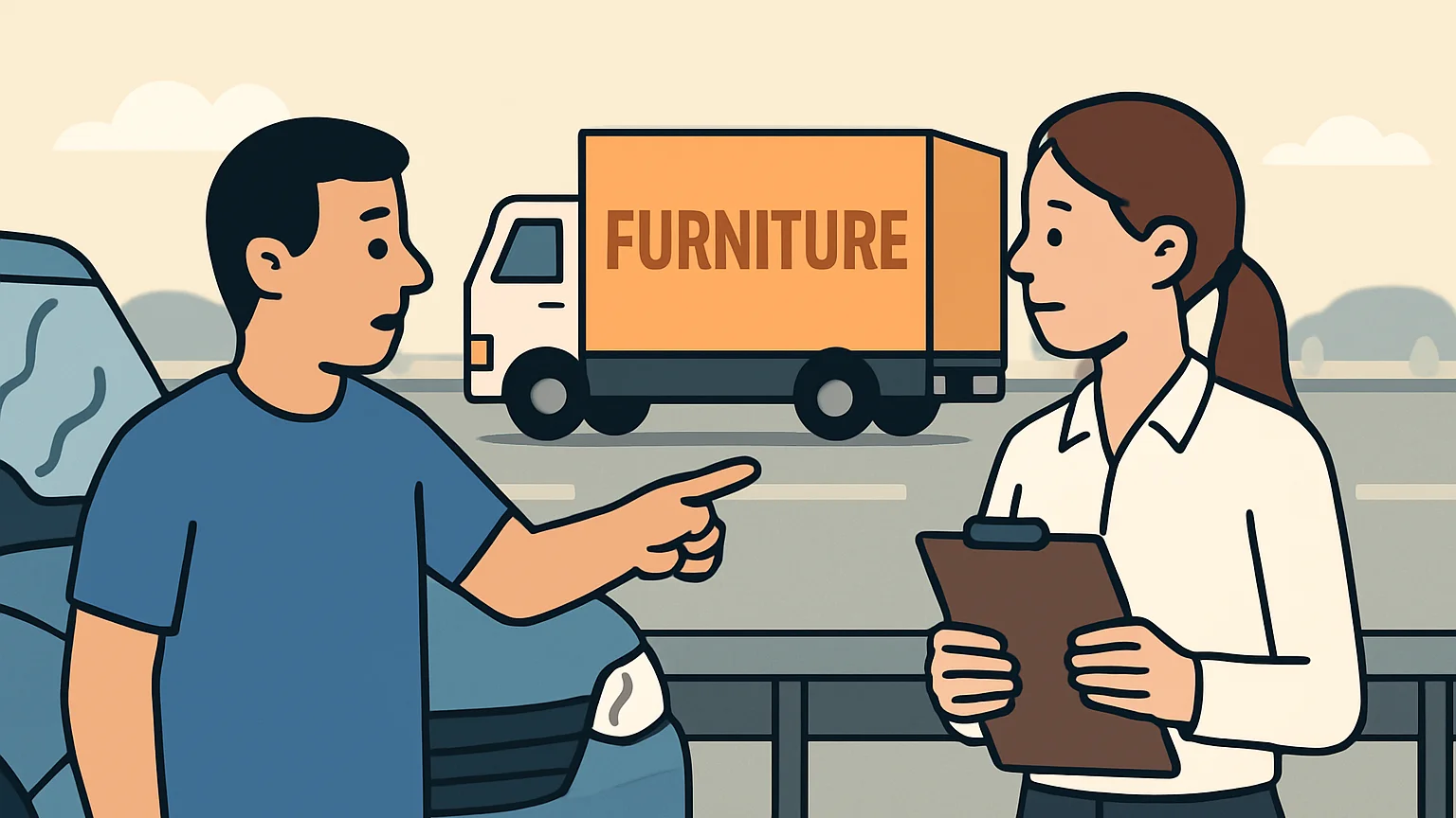 A driver and a company representative discuss an accident on an expressway.