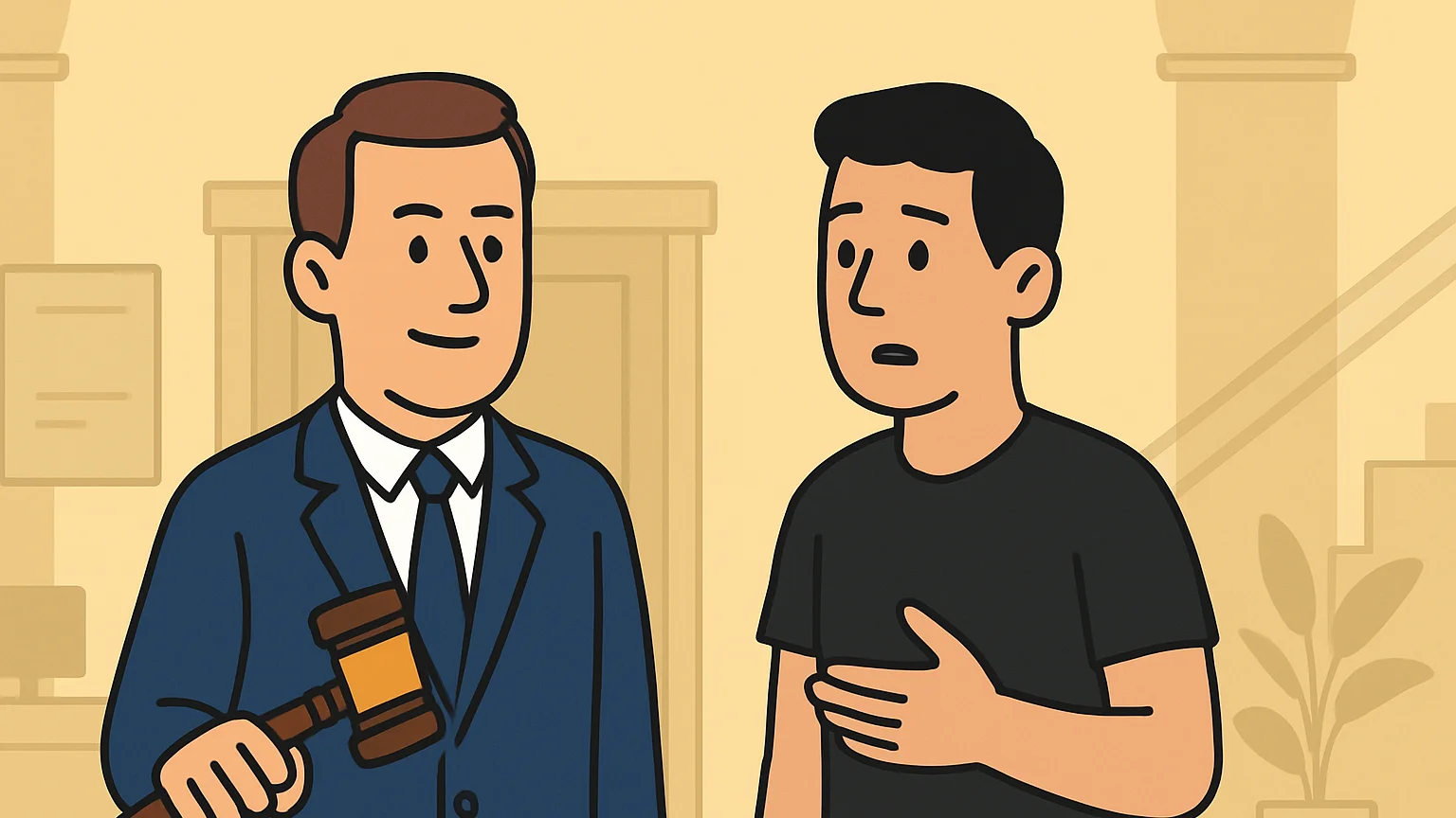 A government attorney and a fraud defendant in conversation in a courthouse lobby.