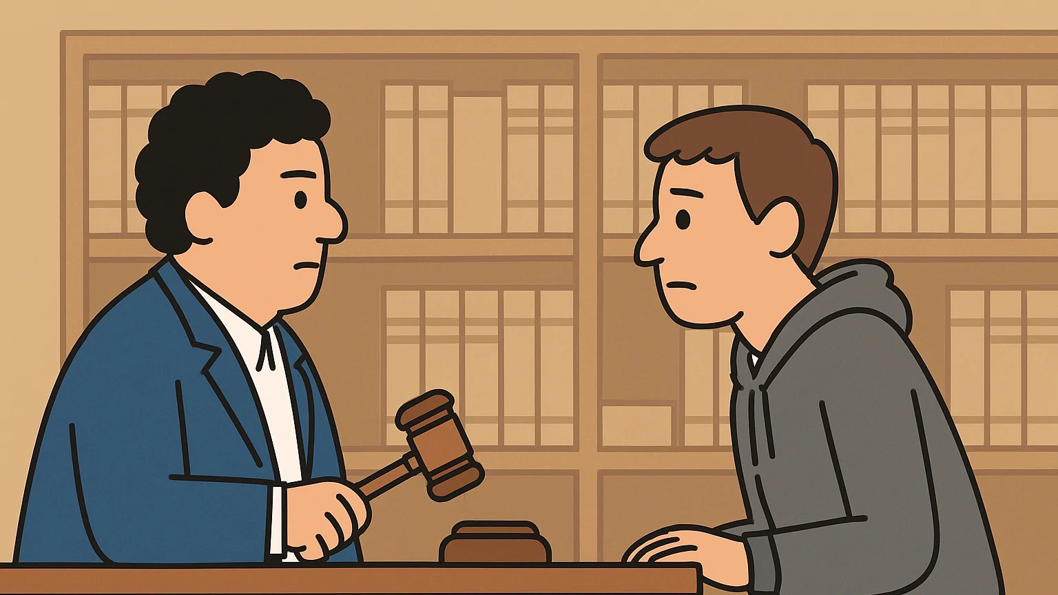 A courtroom scene showing a prosecutor and a young defendant debating responsibility.