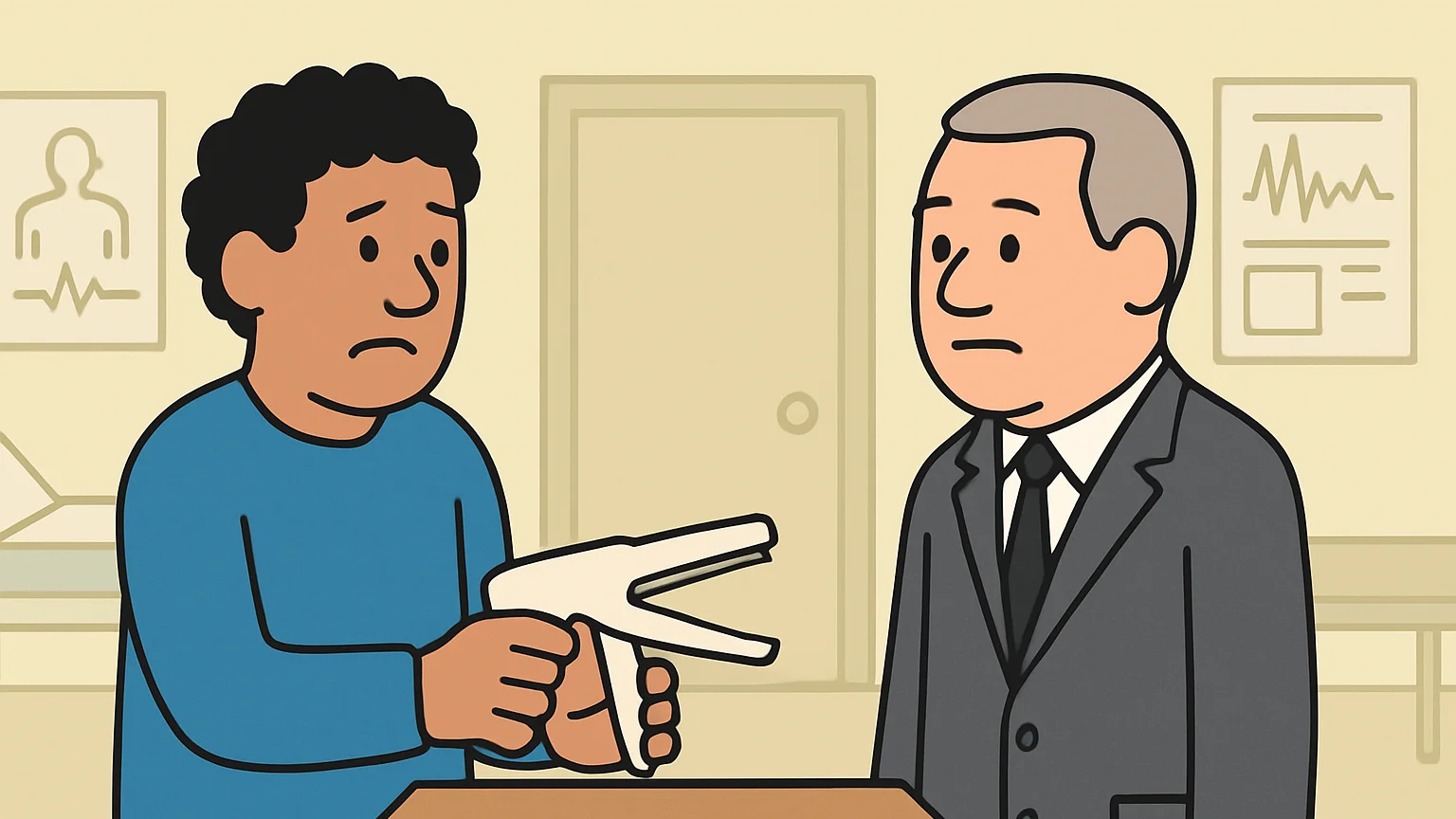 A family representative holds a surgical stapler opposite a company representative in a hospital room.