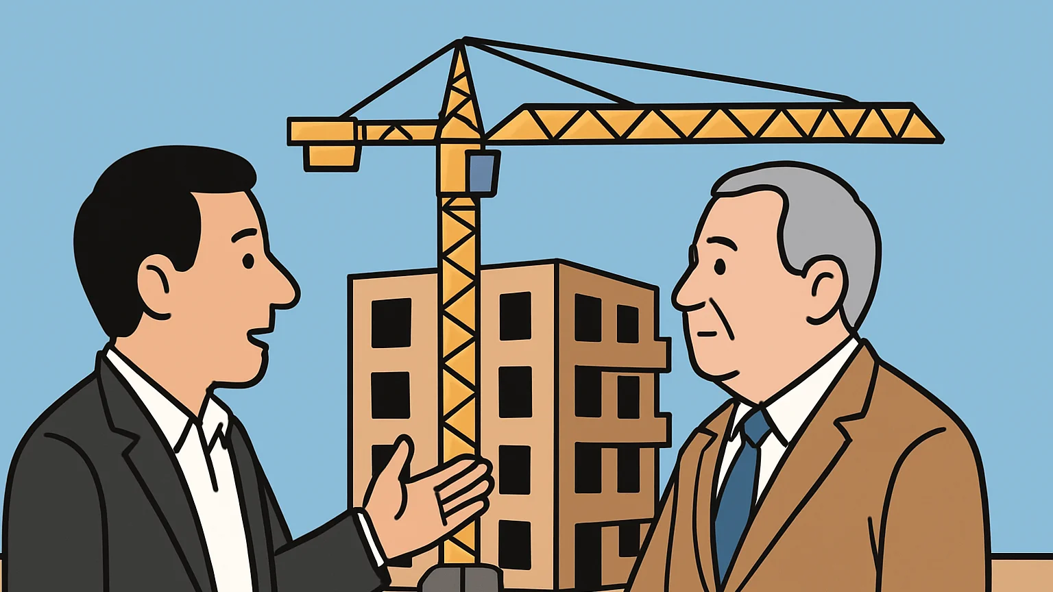 A developer and creditor dispute in front of a half-finished building with a crane.
