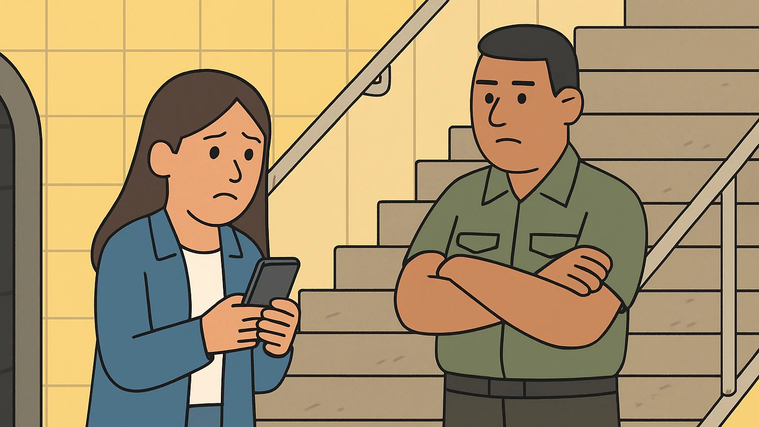 A subway rider talks to a transit authority representative about her injury.