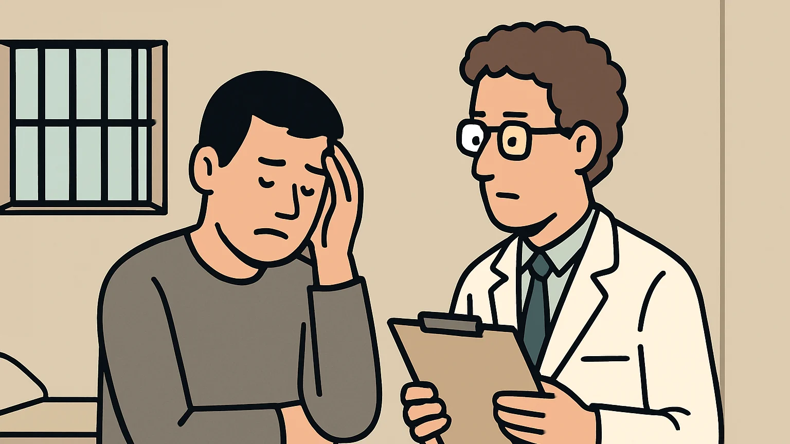 An inmate in a cell appears distressed as a psychiatrist evaluates his medical condition.