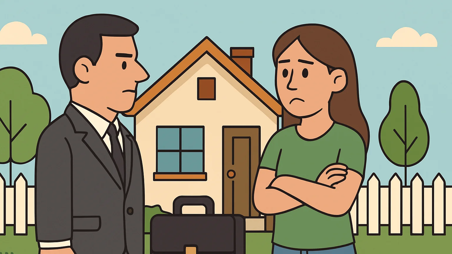 A bank representative and a homeowner face off in a front yard over a mortgage dispute.