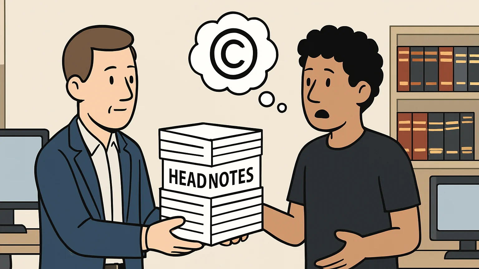 A legal publisher and AI developer discuss copyright issues over a stack of legal headnotes.