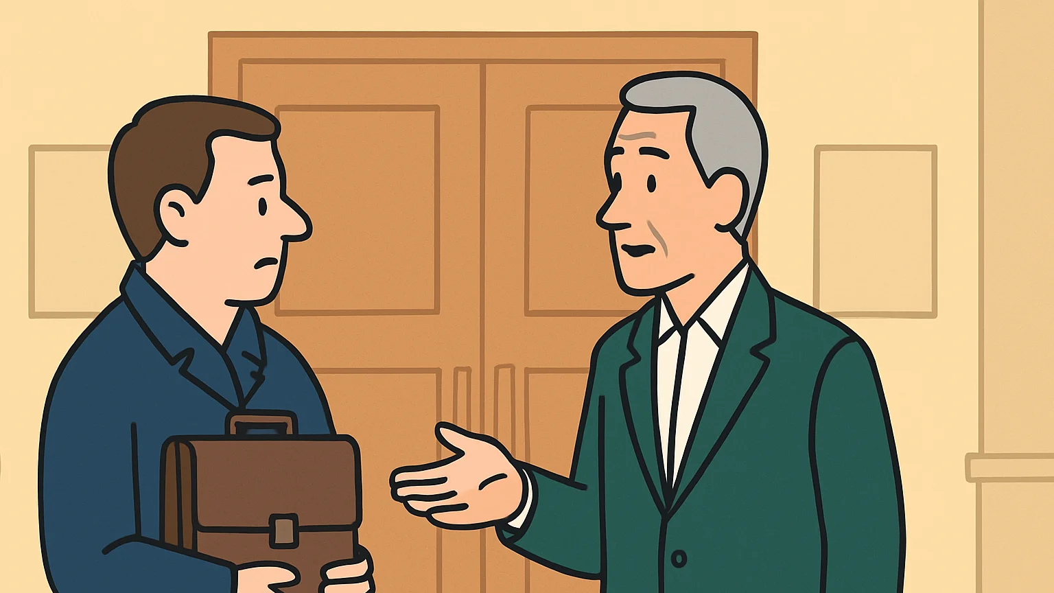 A claimant and a state's representative in a courthouse hallway, discussing a briefcase.