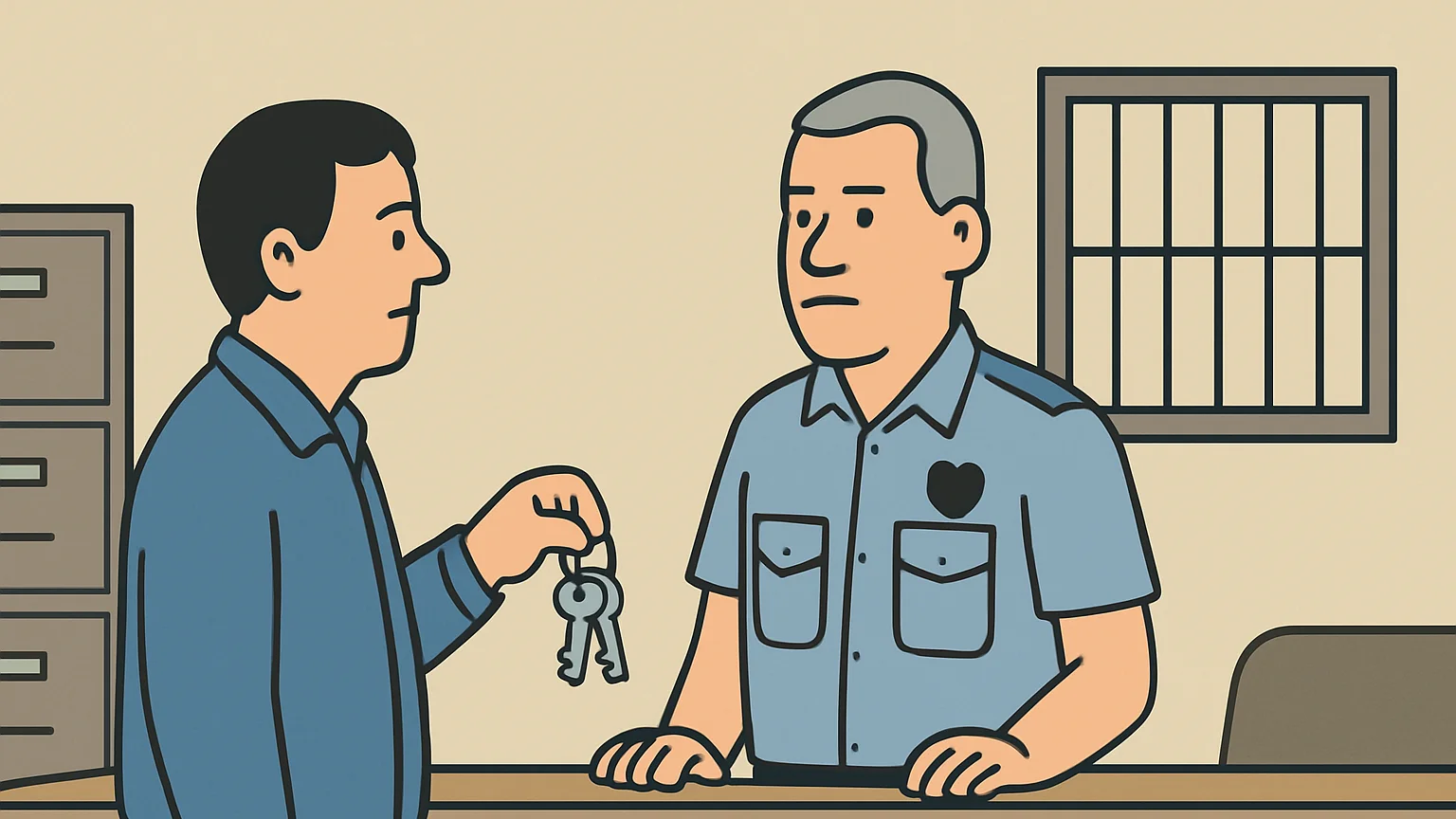 A fired worker and a corrections officer face each other in an office, with keys between them.