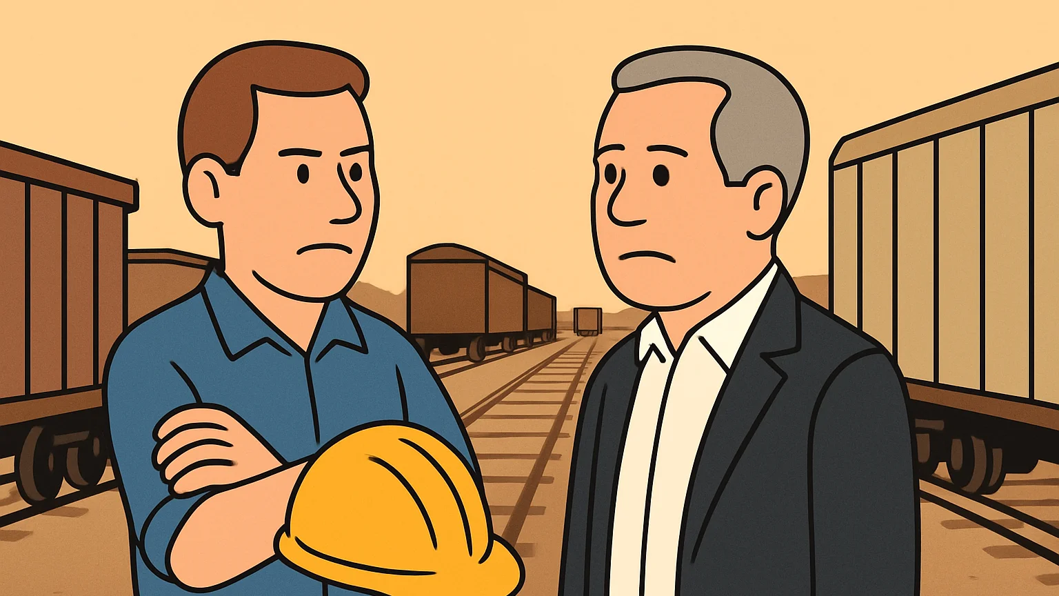 A scene showing a train conductor and a railway representative debating in a train yard.