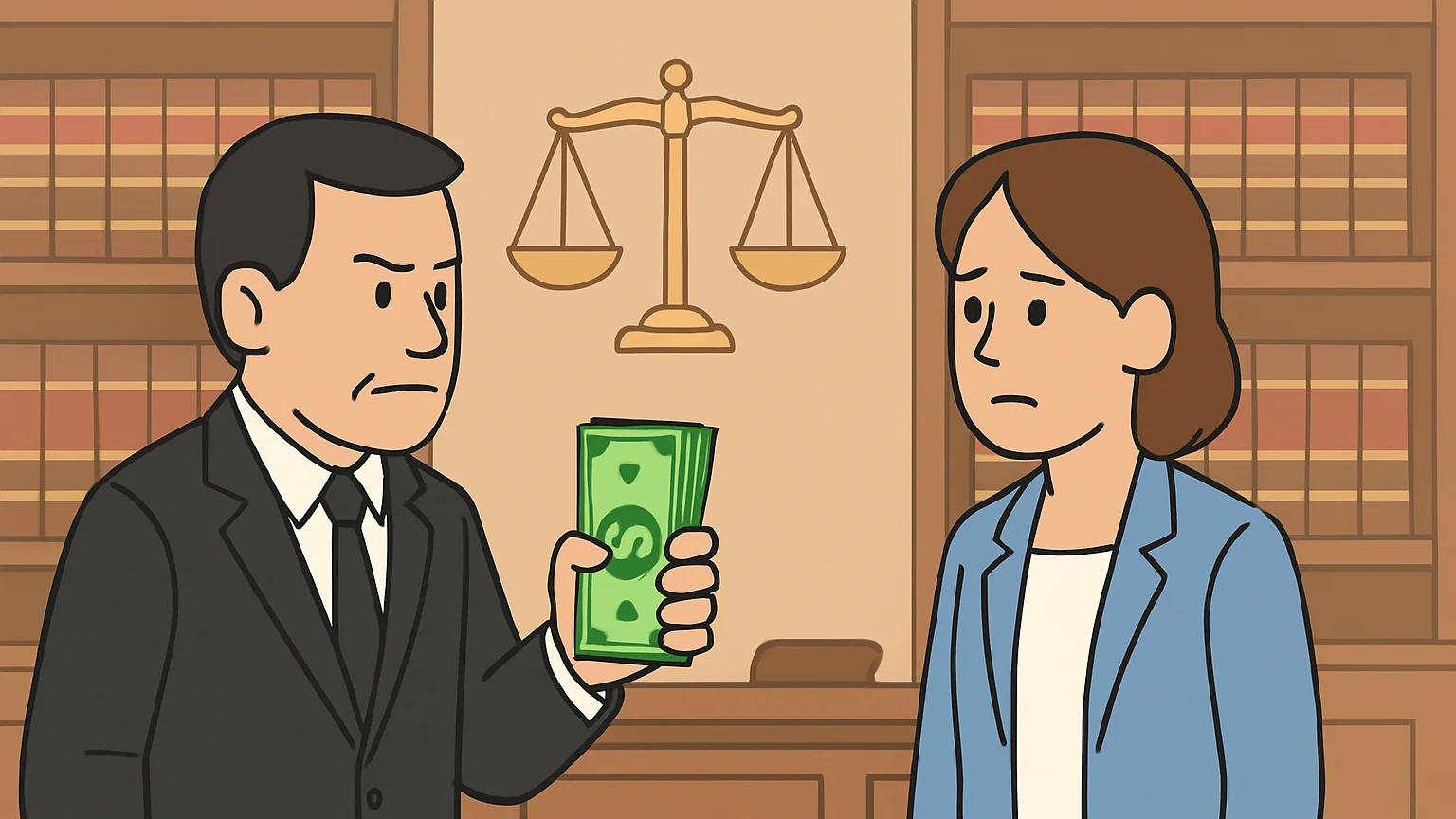 Two attorneys in a law office debate over a stack of money.