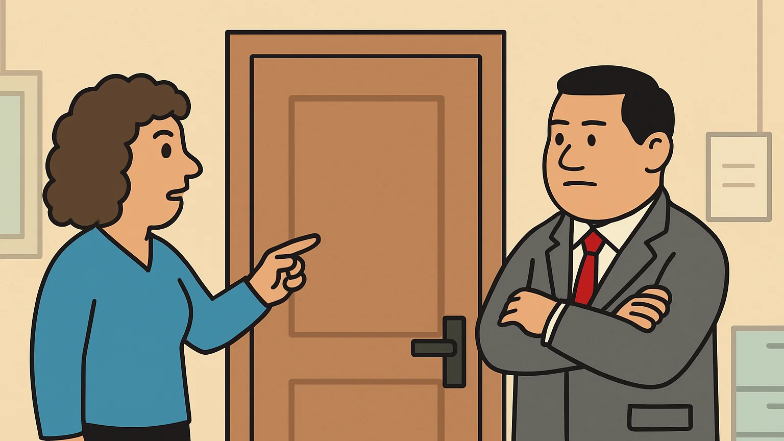 A woman gestures at a closed office door while a man stands calmly in a hallway.