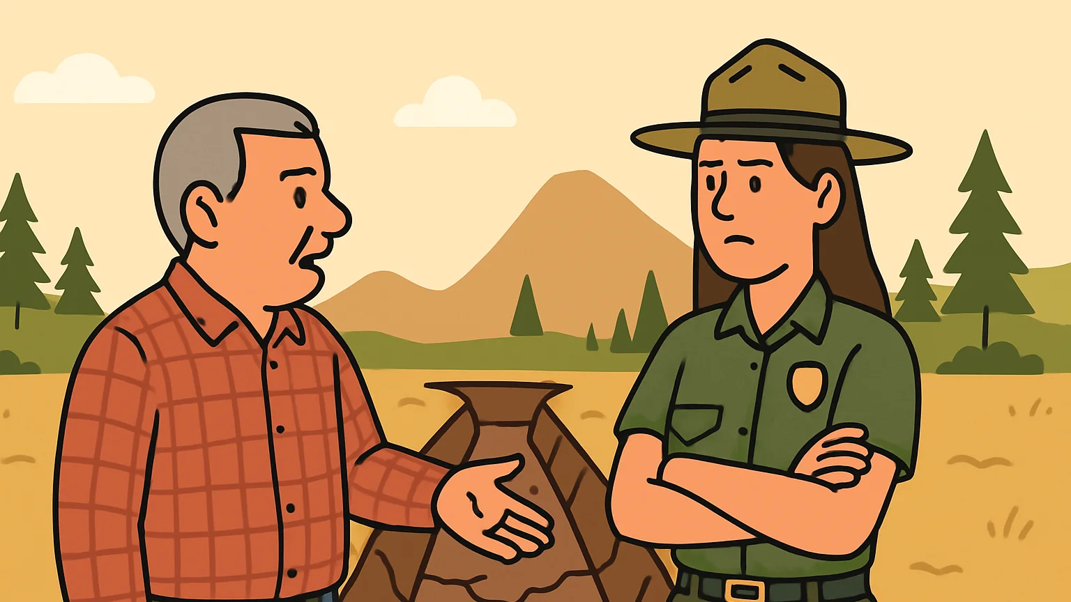 A farmer points to a dry creek while a park ranger stands opposite, highlighting a water dispute.