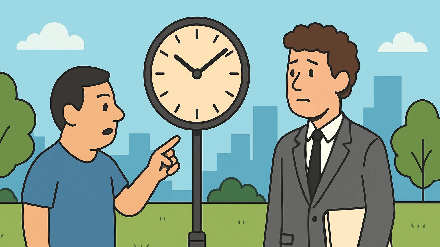A public park scene with two individuals discussing a missed deadline beside a clock.